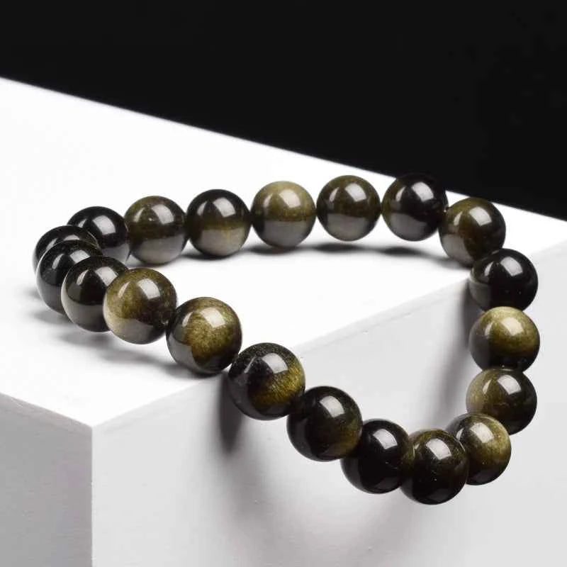 Natural Golden Obsidian Bracelet for Men and Women - Raw Stone Round Bead Energy Jewelry
