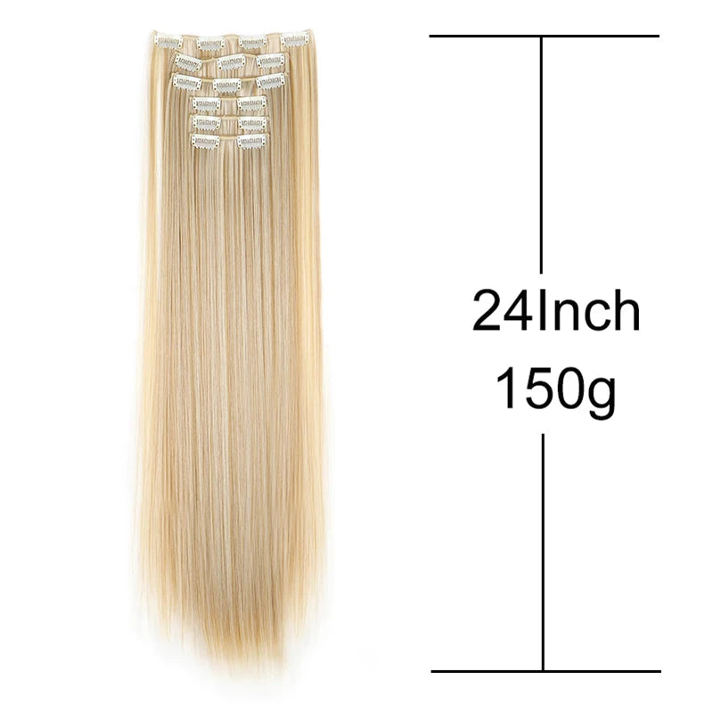 Synthetic Hair Extensions 24 Inch - 16 Clips Long Straight Hairstyle Blonde Black Heat Resistant Hairpieces for Daily Use