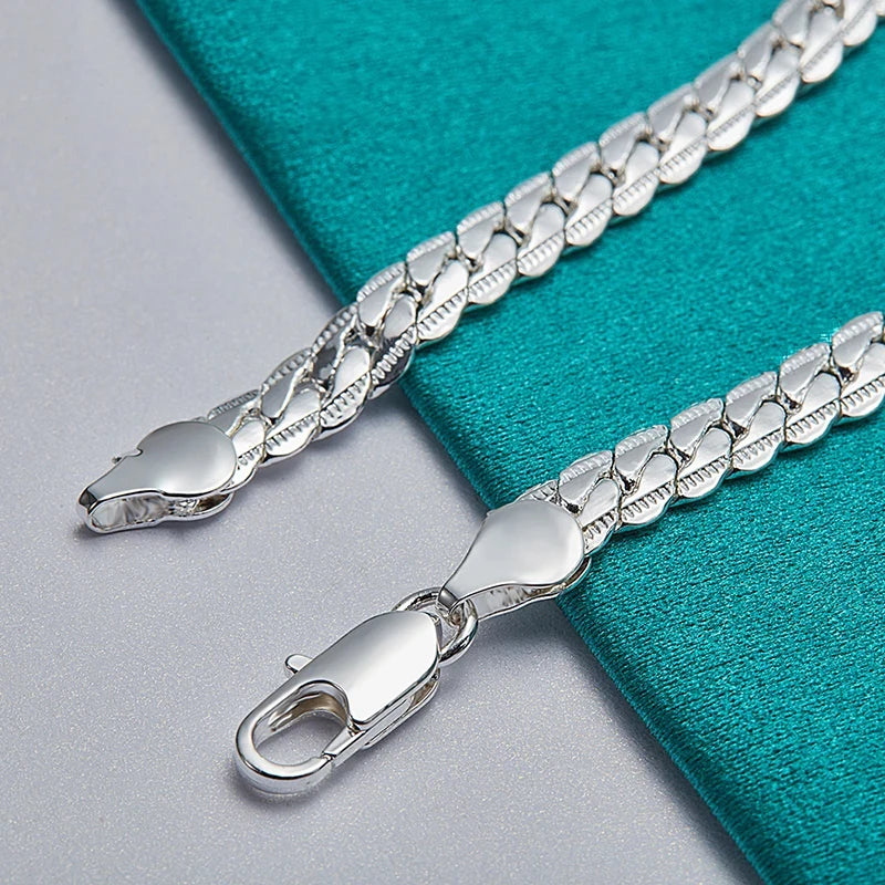Fashion Hot 925 Silver Bracelet 6mm Flat Side Chain with Lobster Clasp for Women and Men, Perfect Wedding Engagement Jewelry Gift