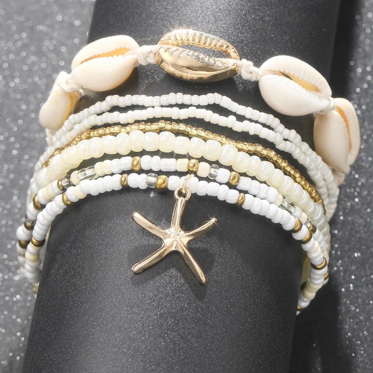7pc Bohemian Anklet Set with Rice Beads and Starfish Pendant - Fashion Summer Beach Sea Shell Multilayer Ankle Bracelet Jewelry