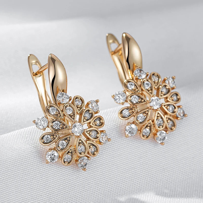 Kinel Hot 585 Rose Gold Crystal Dangle Earrings for Women - Shiny Natural Zircon Flower Design for Bride and Fine Jewelry