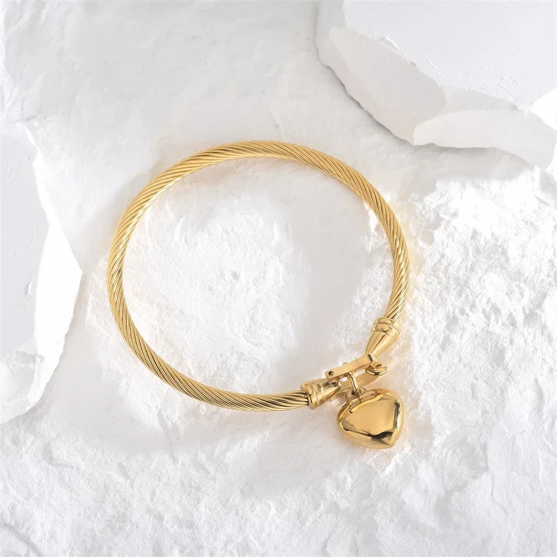 18k Gold Stainless Steel Heart Bangle Bracelet Charm for Men and Women