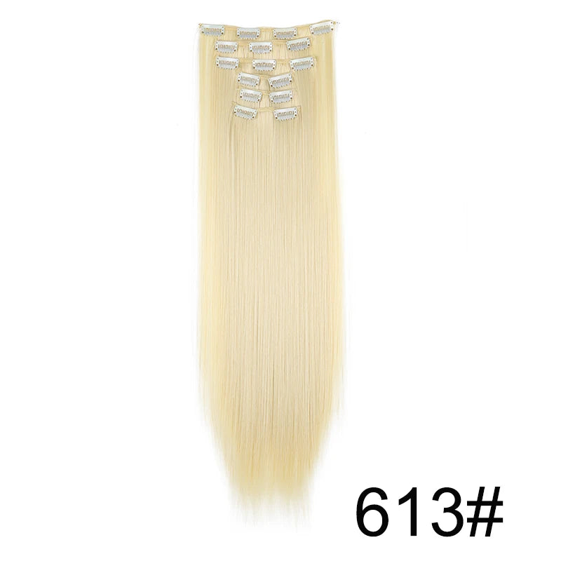 Synthetic Hair Extensions 24 Inch - 16 Clips Long Straight Hairstyle Blonde Black Heat Resistant Hairpieces for Daily Use