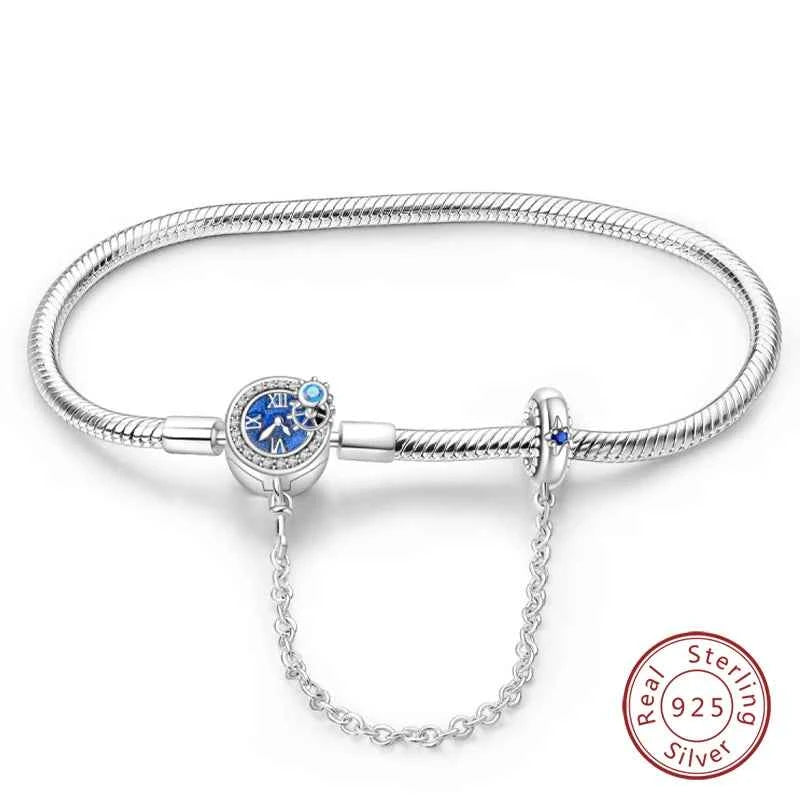 Silver 925 Moon Star Bracelet with Green Zircon - Adjustable 17-20CM Four Leaf Clover Charm Jewelry Gift