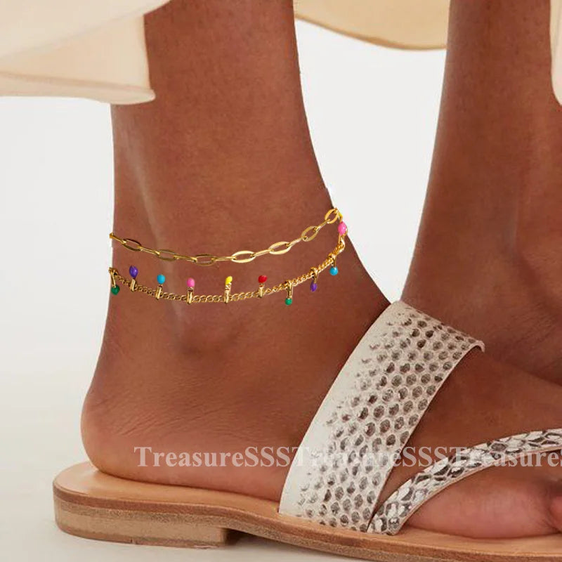 Gold Anklet for Women - Summer Beach Accessories Stainless Steel Imitation Pearl Chain Leg Bracelets Bodychain Gifts