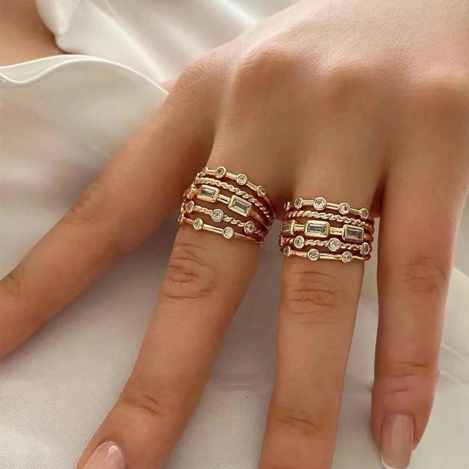 18K Gold Plated Sun Rings for Women with Natural Stone Inlaid in Hollow Metal Texture - Trendy Jewelry
