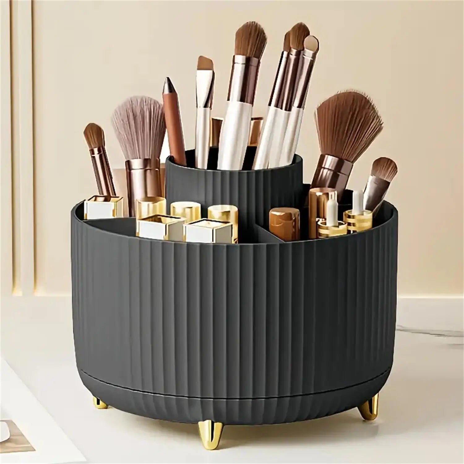 360° Rotating Makeup Organizer - 1pc Plastic Cosmetic Storage with 5 Compartments for Brushes and Accessories - Allurra Store