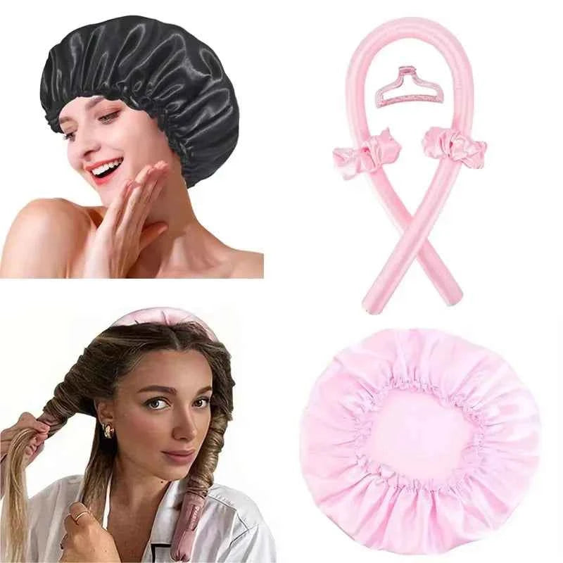 2pcs Heat Free Hair Curler Set - Satin Silk Sleeping Cap and Headwrap for Natural Curly Hair Care
