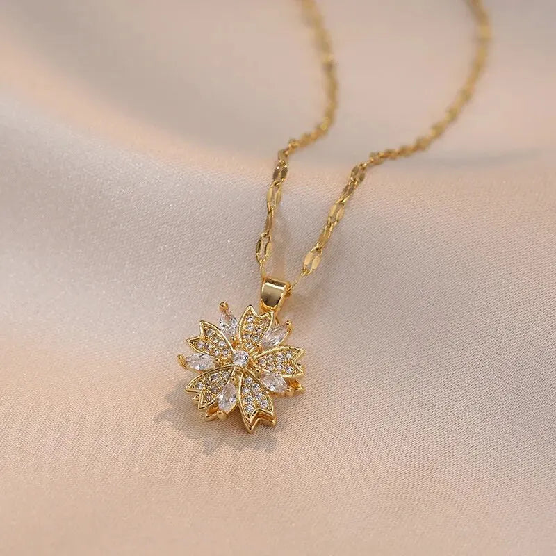 Light Luxury Zircon Flower Pendant Necklace for Women - Gold Color High-Quality Chain Jewelry Party Gifts