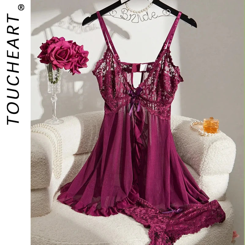 Toucheart Contrast Lace Nightgown Deep V Backless Bow Slip Dress - Sexy See-Through Slit Lace Pajama 2-Piece Set with Thong