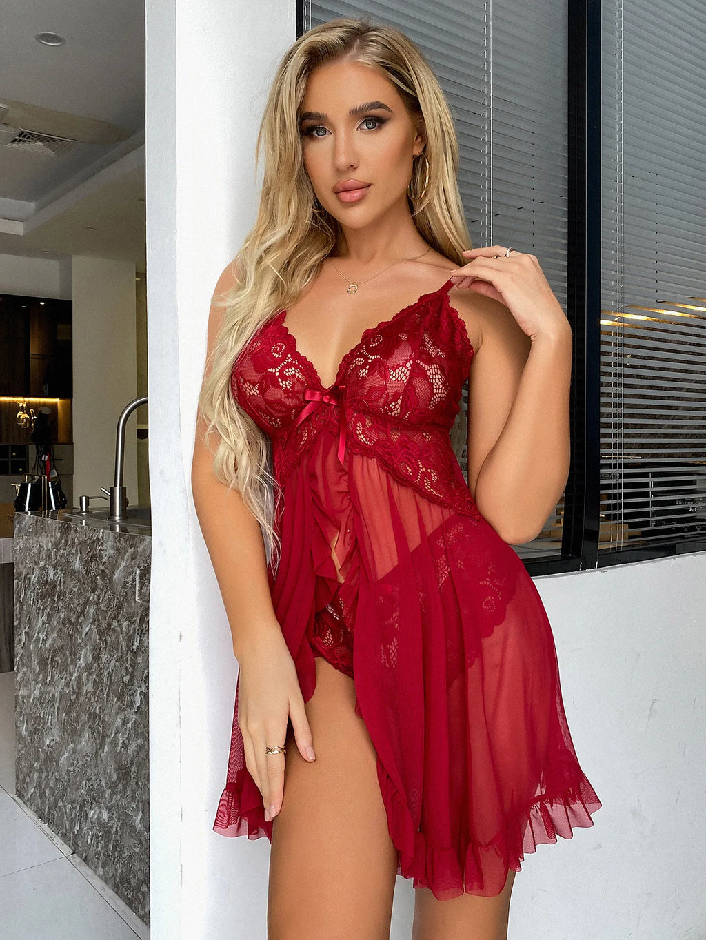 Toucheart Contrast Lace Nightgown Deep V Backless Bow Slip Dress - Sexy See-Through Slit Lace Pajama 2-Piece Set with Thong