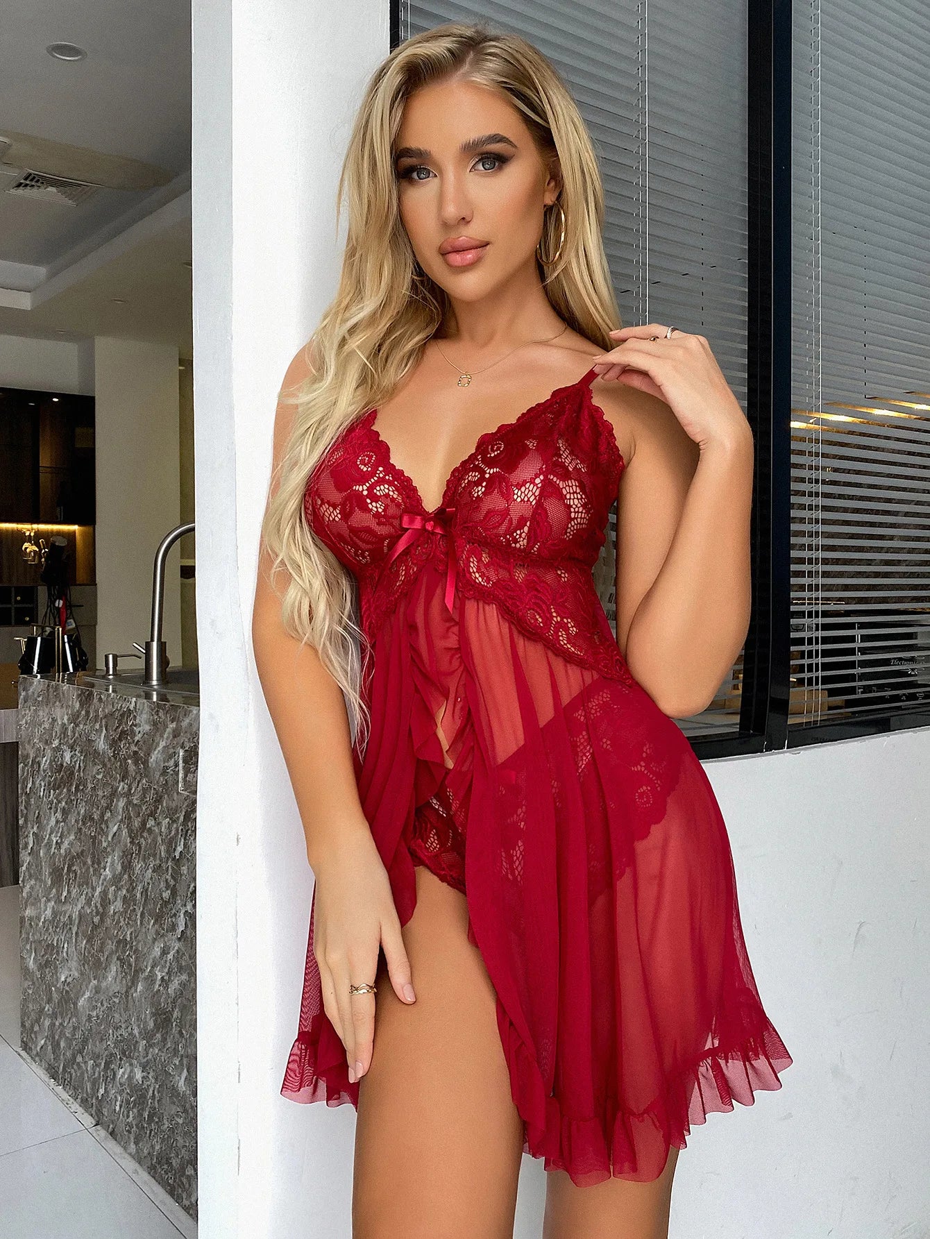 Toucheart Contrast Lace Nightgown Deep V Backless Bow Slip Dress - Sexy See-Through Slit Lace Pajama 2-Piece Set with Thong