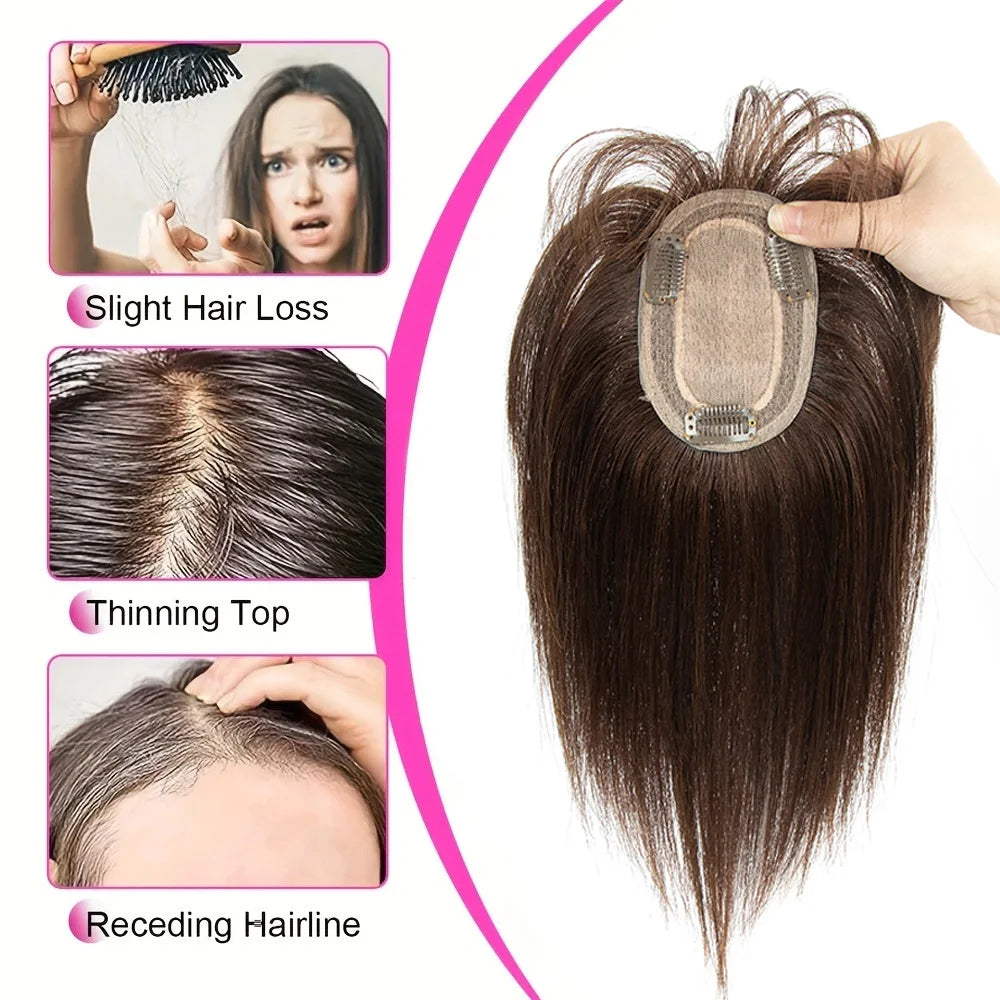 Brown Human Hair Topper with Bangs for Women - 8cmX12cm with Black Highlights for Blonde Skin, Clip-in Hair Piece