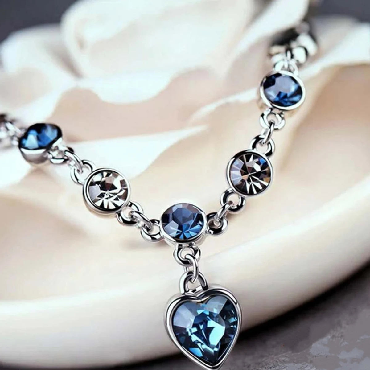 Women Silver Blue Crystal Heart Bracelet - Lucky Charm Pulseras for Bridal Wedding Engagement Fine Jewelry Gift