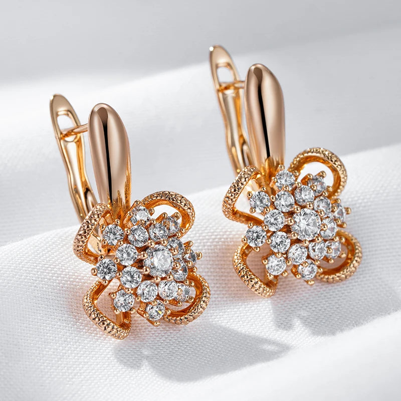 Kinel Rose Gold Flower Earrings with Natural Zircon Hollow Design for Women - Unique Crystal Wedding Jewelry Gift