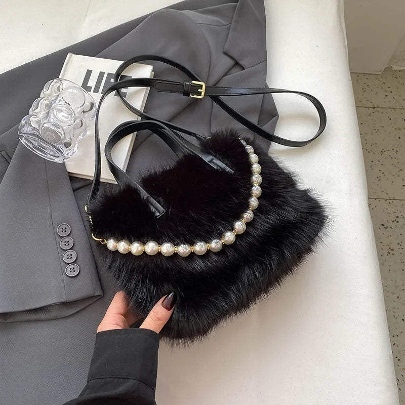 Winter Fashion Faux Fur Crossbody Bags with Pearl Chain Decor for Women’s Gifts, Ladies Handbags Top-Handle Style