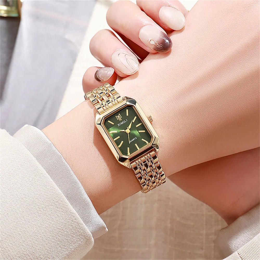 Luxury Ladies Quartz Watch - Simple Scale Square Gold Plated Business Stainless Steel Folding Clock