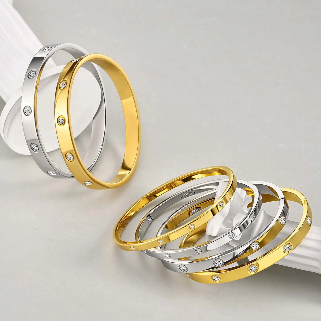 Cubic Zirconia Gold Stainless Steel Bangle – Premium Waterproof Accessory