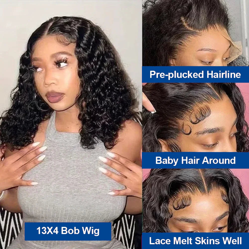 13x4 Short Bob Wigs Human Hair - Virgin Jerry Curly 250% Density Loose Deep Wave 4x4 Lace Frontal Wigs for Women