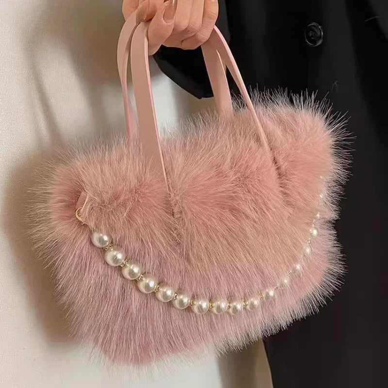 Winter Fashion Faux Fur Crossbody Bags with Pearl Chain Decor for Women’s Gifts, Ladies Handbags Top-Handle Style