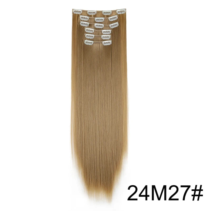 Synthetic Hair Extensions 24 Inch - 16 Clips Long Straight Hairstyle Blonde Black Heat Resistant Hairpieces for Daily Use
