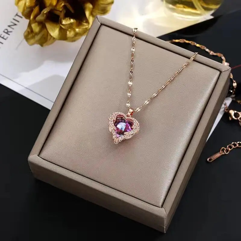 Top Luxury Crystal Heart Necklace - Colorful Ocean Pendant for Women in 316L Stainless Steel