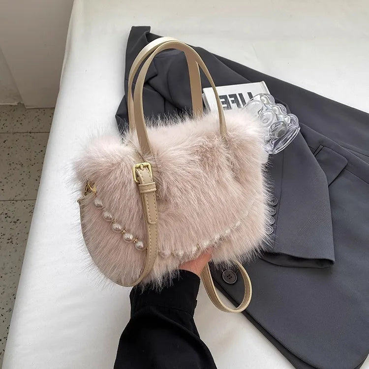 Winter Fashion Faux Fur Crossbody Bags with Pearl Chain Decor for Women’s Gifts, Ladies Handbags Top-Handle Style