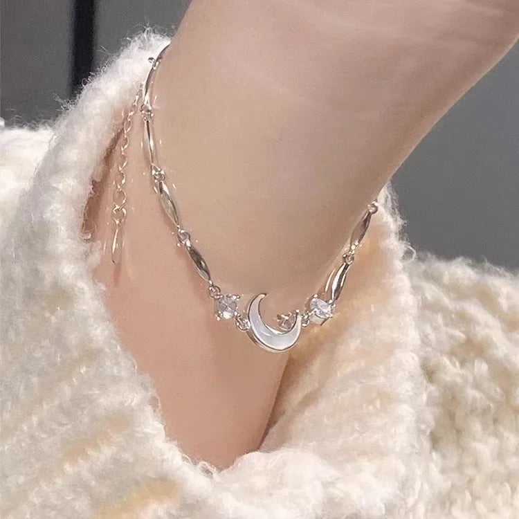 Shiny Pink Crystal Cherry Blossom Bracelet for Women and Girls - Sweet Moon Bow Flowers Zircon Party Aesthetic Jewelry