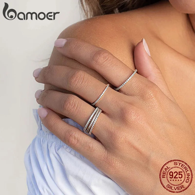 BAMOER Stackable Diamond Rings in 925 Silver – Gold & CZ
