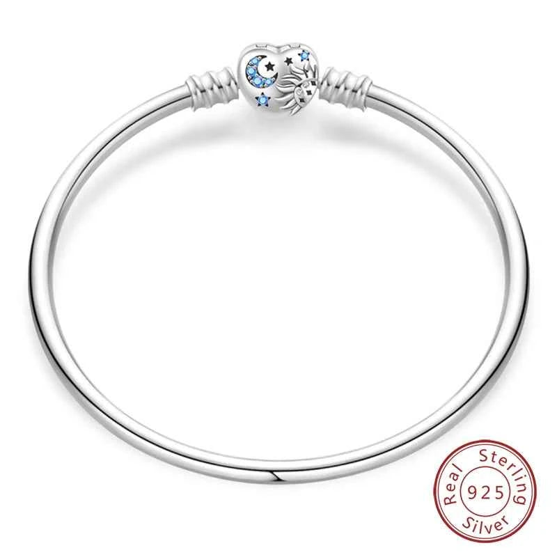 Silver 925 Moon Star Bracelet with Green Zircon - Adjustable 17-20CM Four Leaf Clover Charm Jewelry Gift