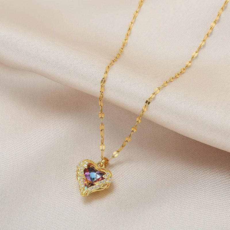 Top Luxury Crystal Heart Necklace - Colorful Ocean Pendant for Women in 316L Stainless Steel
