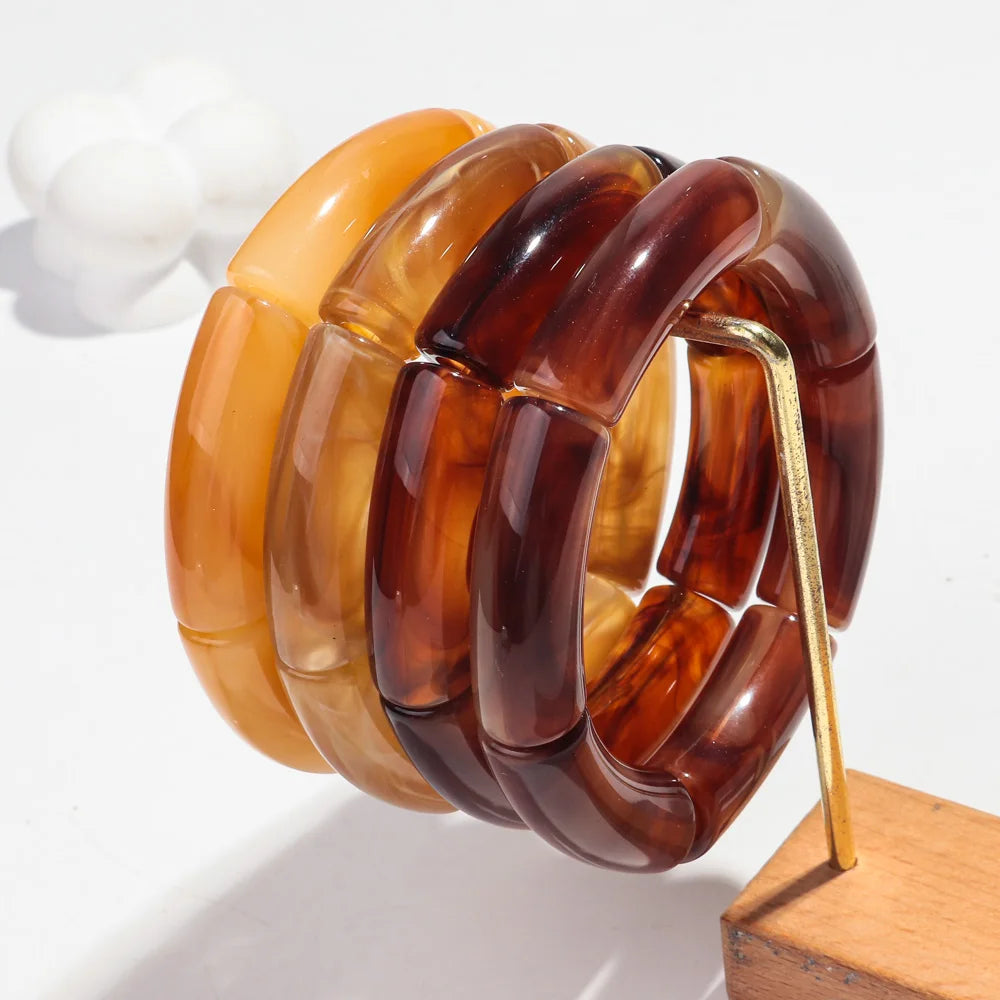 Fashion Acrylic Bracelet Set - 4PCS/Set Resin Amber Bamboo Bead Elastic Bangles Tube Beads Handmade 2024 Trendy Designer Bracelet Set