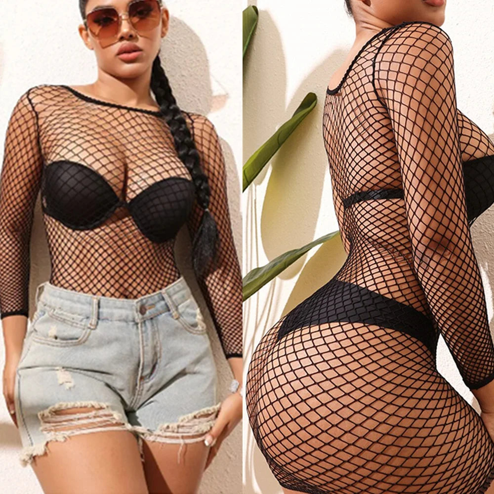 Y2K Mesh Beach Dress - Hollow Out Fishnet Skirt Nightwear for Women