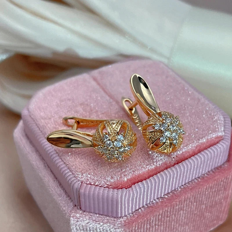 Kinel Hot Crystal Flower Earrings for Women in Luxury 585 Rose Gold Color with Natural Zircon Vintage Fine Jewelry
