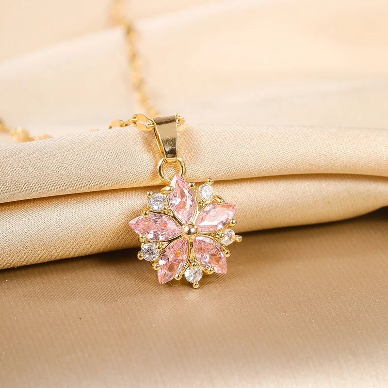 New Cute Pink Sakura Pendant Necklace for Women - Romantic Stainless Steel Clavicle Chain Jewelry Gift in Korean Fashion