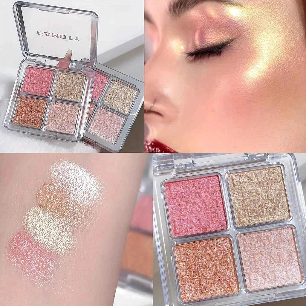 4 Color Face Highlighter Palette - Waterproof Glitter Shimmer Baked Powder Illuminator for Natural Glow Makeup