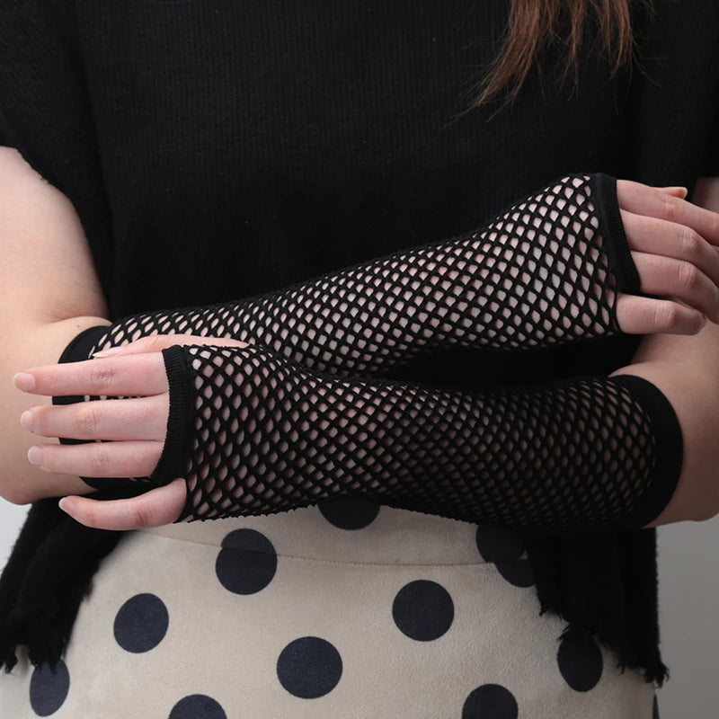 New Black Fishnet Gothic Gloves - Fingerless Long Arm Cuff Party Wear Cosplay Ninja Mitten for Women - Allurra Store