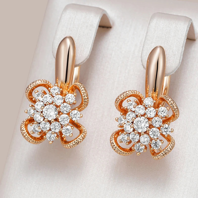 Kinel Rose Gold Flower Earrings with Natural Zircon Hollow Design for Women - Unique Crystal Wedding Jewelry Gift