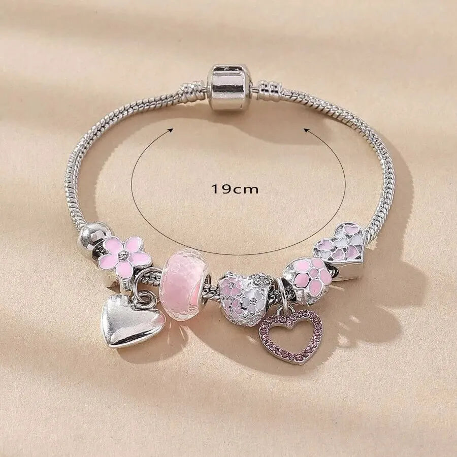 Obega Floral Heart Flower Crystal Charm Bracelet