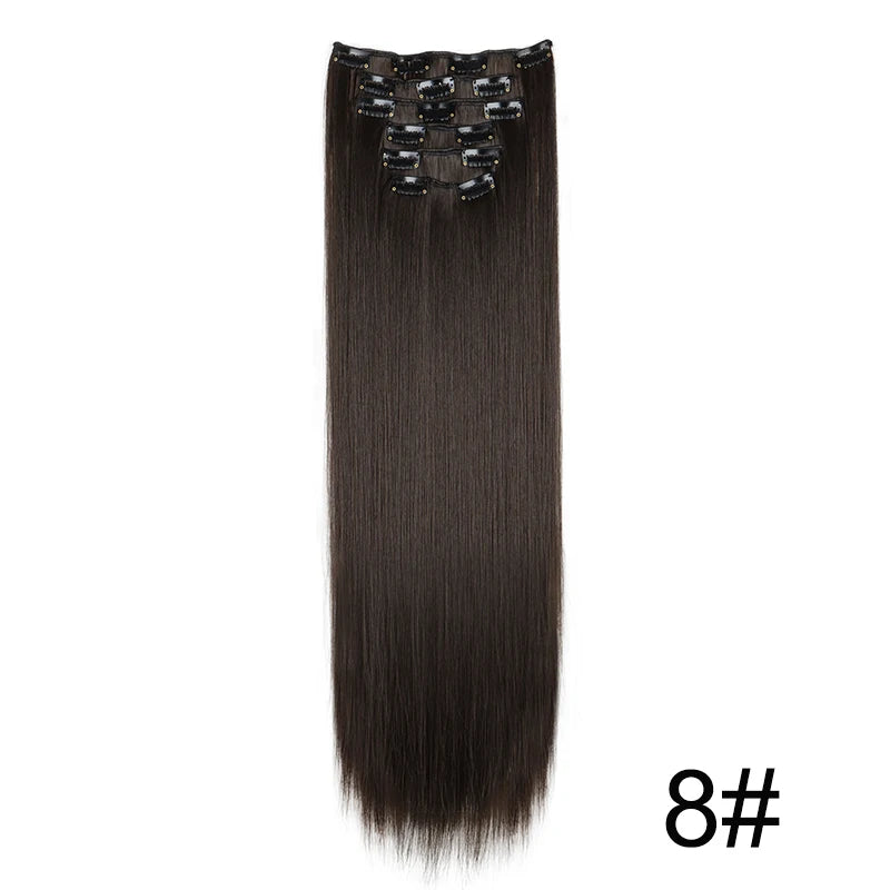 Synthetic Hair Extensions 24 Inch - 16 Clips Long Straight Hairstyle Blonde Black Heat Resistant Hairpieces for Daily Use