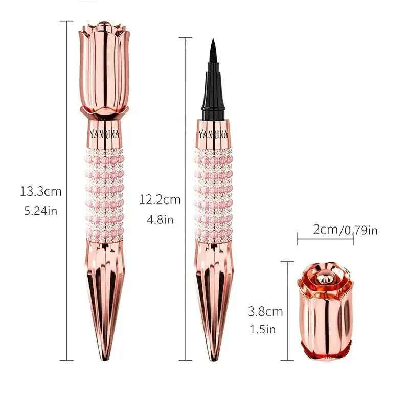 Precision Black Liquid Eyeliner with Rhinestones - Long-Lasting Waterproof Quick-Dry Eye Makeup