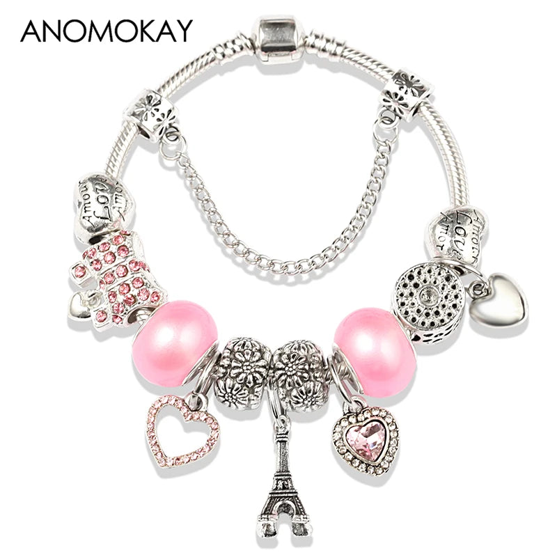 Valentine's Heart Crystal Bracelet - Elegant Pink Charm Bracelet for Loved Ones