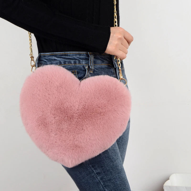 Heart Shaped Shoulder Bag - Trendy Faux Fur Handbag for Fashion Lovers - Allurra Store