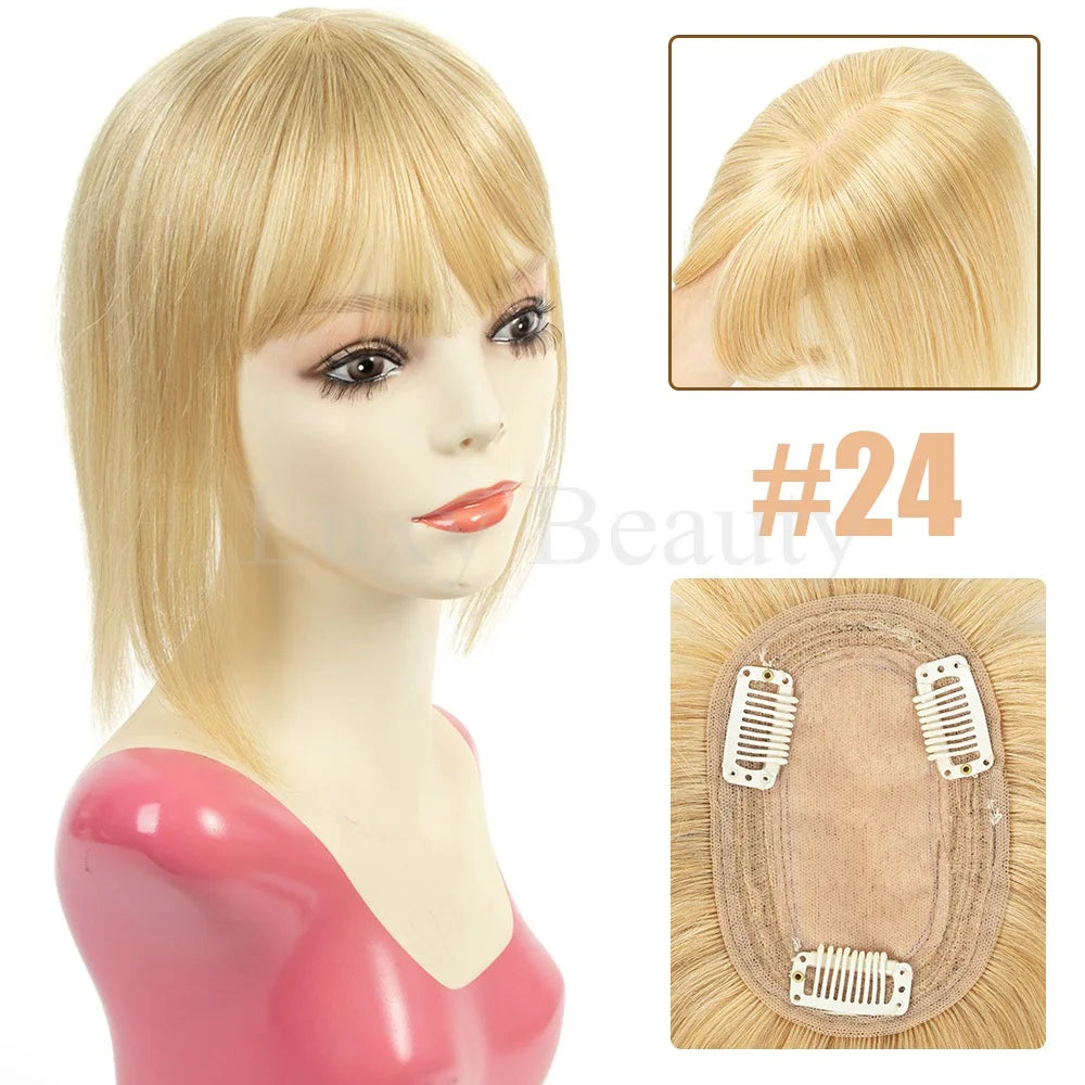 Brown Human Hair Topper with Bangs for Women - 8cmX12cm with Black Highlights for Blonde Skin, Clip-in Hair Piece