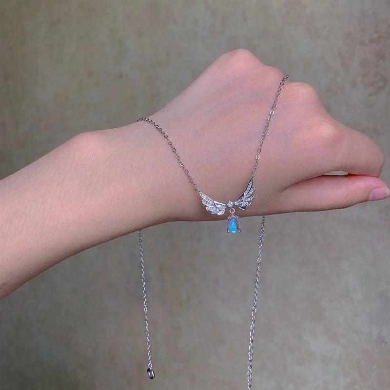 Light Luxury Moonstone Angel Wings Necklace for Ladies - Exquisite Collarbone Jewelry for Weddings