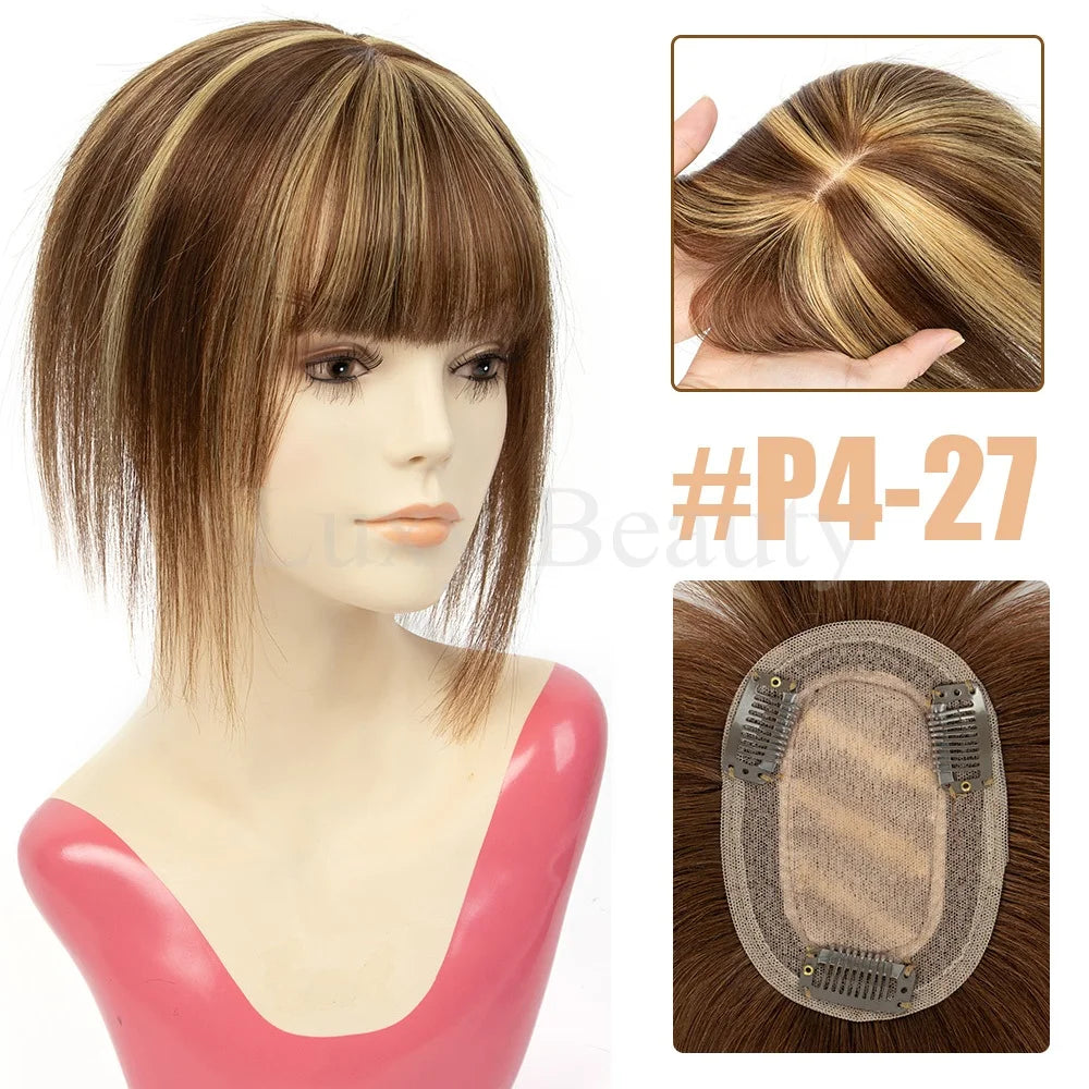 Brown Human Hair Topper with Bangs for Women - 8cmX12cm with Black Highlights for Blonde Skin, Clip-in Hair Piece