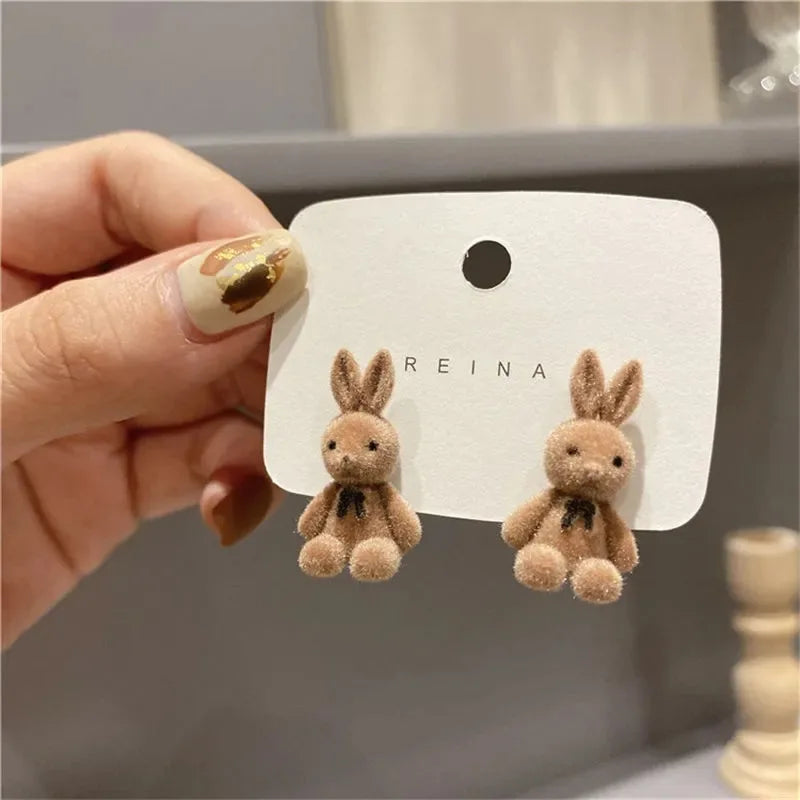2PC Cute Plush Rabbit Bear Earrings - Kawaii Brown Khaki Animal Jewelry for Women and Girls - Allurra Store