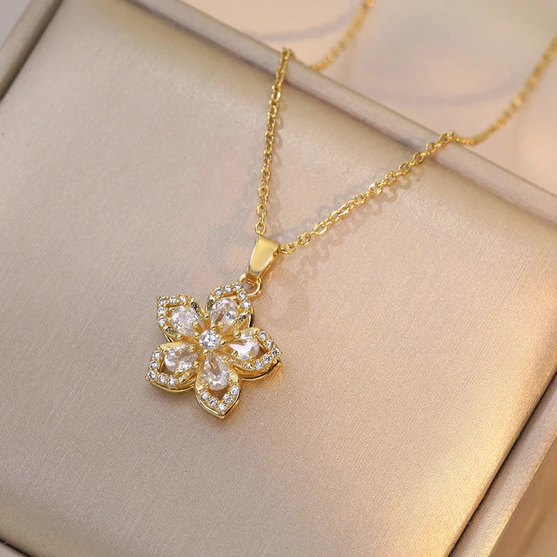 Light Luxury Zircon Flower Pendant Necklace for Women - Gold Color High-Quality Chain Jewelry Party Gifts