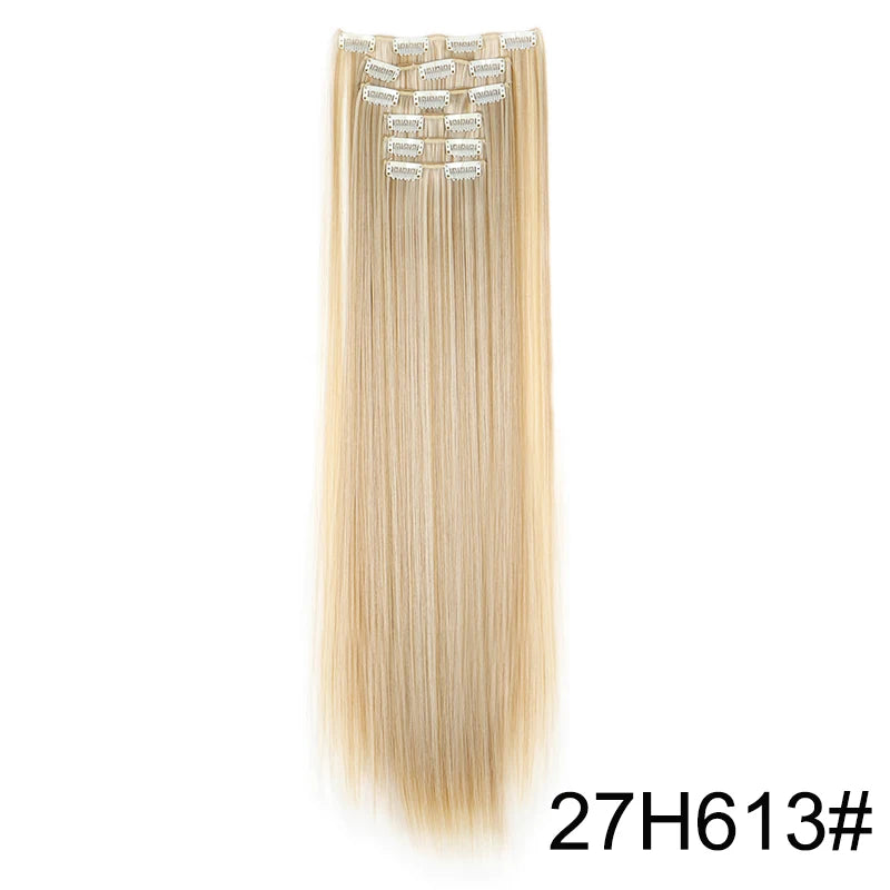 Synthetic Hair Extensions 24 Inch - 16 Clips Long Straight Hairstyle Blonde Black Heat Resistant Hairpieces for Daily Use
