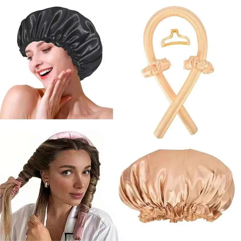 2pcs Heat Free Hair Curler Set - Satin Silk Sleeping Cap and Headwrap for Natural Curly Hair Care